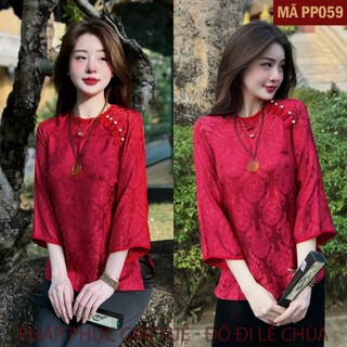 Mã PP059 Đỏ_Pháp Phục Đi Chùa Cho Nữ, Mã Tằm Chữ Thọ Tay Viền Bo Khuy Tết, Chất Liệu Áo Tơ Tằm Cao Cấp, Quần Lụa Vân.