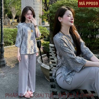 Mã PP059 Ghi_Pháp Phục Đi Chùa Cho Nữ, Mã Tằm Chữ Thọ Tay Viền Bo Khuy Tết, Chất Liệu Áo Tơ Tằm Cao Cấp, Quần Lụa Vân.