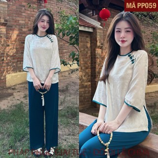 Mã PP059 Trắng_Pháp Phục Đi Chùa Cho Nữ, Mã Tằm Chữ Thọ Tay Viền Bo Khuy Tết, Chất Liệu Áo Tơ Tằm Cao Cấp, Quần Lụa Vân.