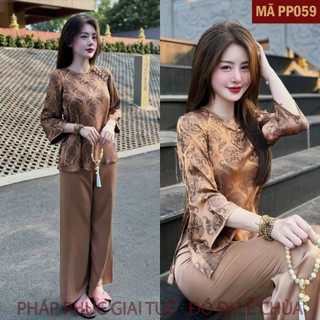 Mã PP059 Nâu_Pháp Phục Đi Chùa Cho Nữ, Mã Tằm Chữ Thọ Tay Viền Bo Khuy Tết, Chất Liệu Áo Tơ Tằm Cao Cấp, Quần Lụa Vân.