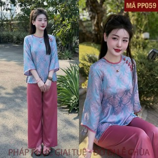 Mã PP059 Xanh Dương_Pháp Phục Đi Chùa Cho Nữ, Mã Tằm Chữ Thọ Tay Viền Bo Khuy Tết, Áo Tơ Tằm Cao Cấp, Quần Lụa Vân.