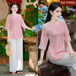 Mã PP060 Hồng_Pháp Phục Thanh Lịch Đi Chùa Cho Nữ Màu Hồng, Chất Liệu Áo Lụa Gấm 2 Da Hoa Hồng, Quần Lụa Vân.