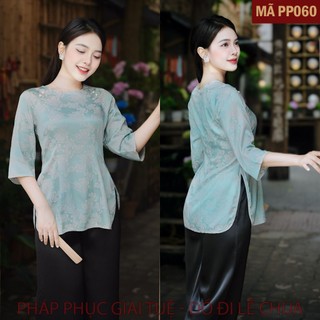 Mã PP060 Xanh Dương_Pháp Phục Thanh Lịch Đi Chùa Cho Nữ Màu Xanh Dương, Chất Liệu Áo Lụa Gấm 2 Da Hoa Hồng, Quần Lụa Vân