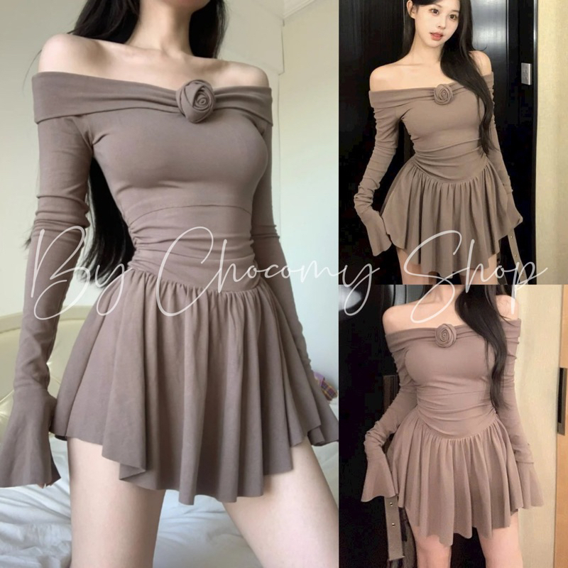 ChocomyShop - Đầm trễ vai xoè tay dài xẻ( SẴN MÚT )Váy body đính hoa ngực thiết kế tôn dáng che khuyết điểm đi tiệc