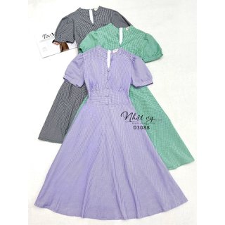 Đầm cổ tàu bigsize Maihouse nhún ngực đính nút bọc chất lụa phù hợp công sở dạo phố đơn giản - D3088