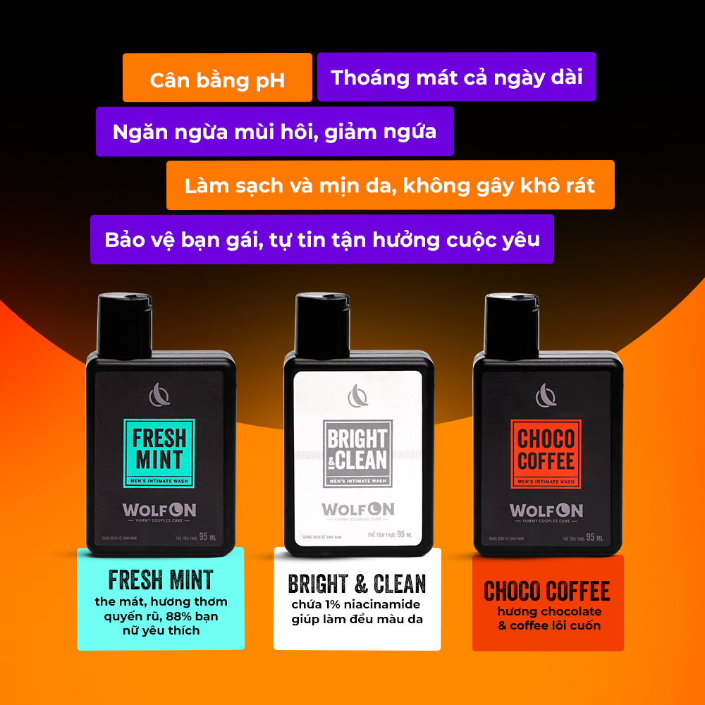 Dung Dịch Vệ Sinh Nam Giới Wolf ON Hương Thơm Nam Tính Khử Mùi Sạch Khuẩn 95ml