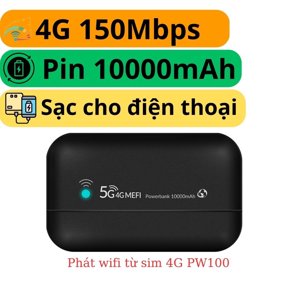 Bộ Phát Wifi 4G Poket PW100 Tốc Độ 150 Mbps Dung Lượng Pin 10000 mAh Kiêm Sạc Dự Phòng, Thiết Bị Phá