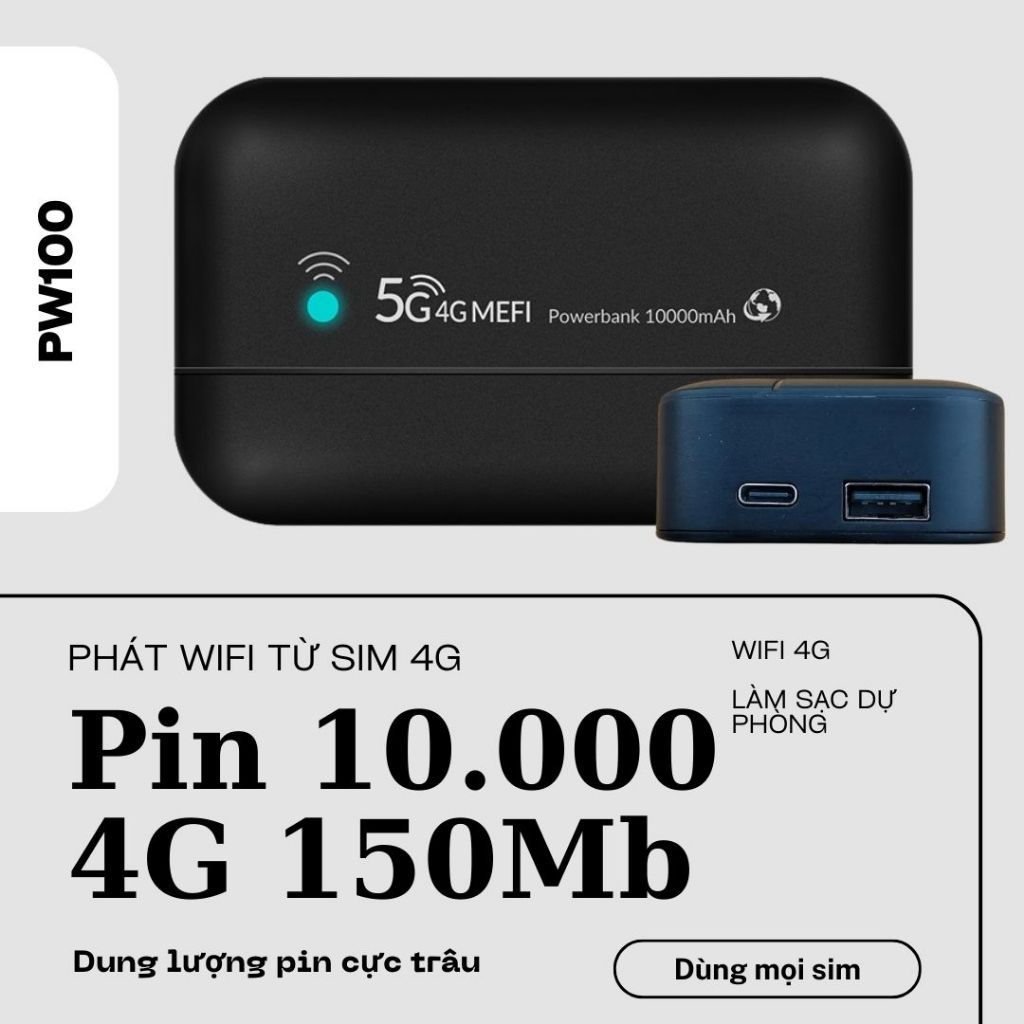 Bộ Phát Wifi Không Dây sim 4G Poket PW100 10.000mAh kiêm sạc dự phòng