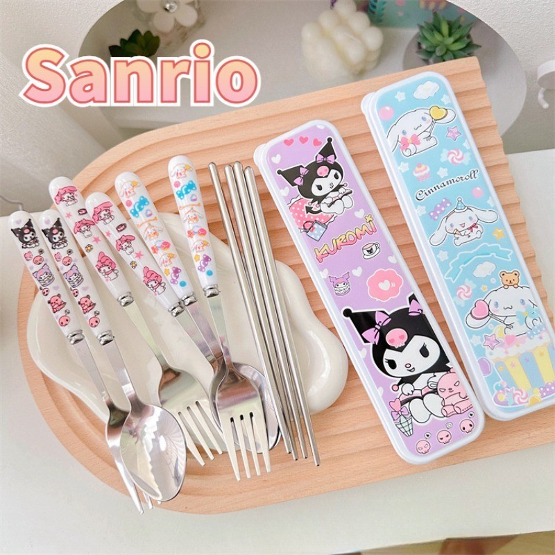 ✨️✨️SANRIO Bộ 3 Món Muỗng Nĩa Kèm Hộp Đựng Hình kuromi melody Dễ Thương Cho Bé