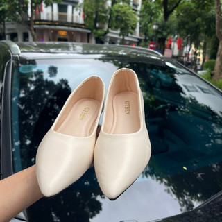 Giày Búp Bê Nữ Đế Bệt Mũi Nhọn Trơn Màu Kem a16