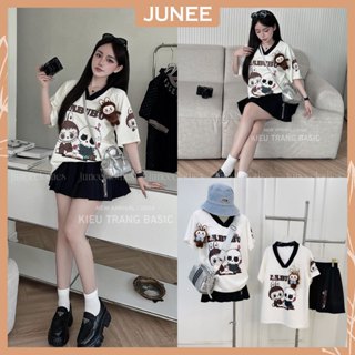 Set Bộ Đồ Nữ LABUBU Áo Phông Cổ Tim Hình In PET To Bản Phối Đính Gấu Nơ Mix Chân Váy Xếp Ly Cạp Chun Dáng Freesize