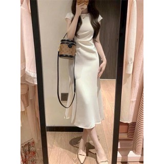  Đầm thiết kế sang trọng chất tuyết mưa 2 lớp tay ngắn dáng váy maxi đuôi cá phong cách tối giản cổ điển 