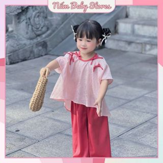Bộ Bà Ba Lụa Gấm Cho Bé Gái, Set Mặc Trung Thu Xinh Yêu, Đồ Pháp Phục Bé Gái Vải Lụa Đính Nơ Xinh Yêu