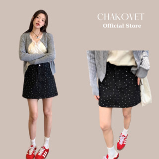 Chân váy jean kaki hoa bi nhí Chakovet dáng chữ A ngắn màu đen có quần lót trong Trendy Skirt mặc đi chơi du lịch V8947
