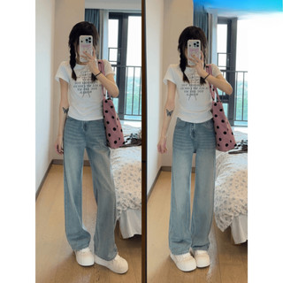 Quần Jean Suông Nữ Retro Wash Mèo Ống Quần Rộng, Quần jean nữ ống rộng, Quần bò nữ ống rộng