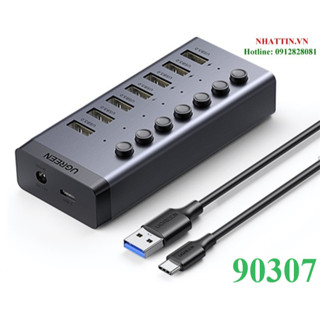 Bộ HUB chia 7 cổng USB 3.0 tốc độ 5Gbps vỏ nhôm, công tắc Ugreen 90307 (kèm ng.u.ồ.n 12V2A-EU) cao cấp