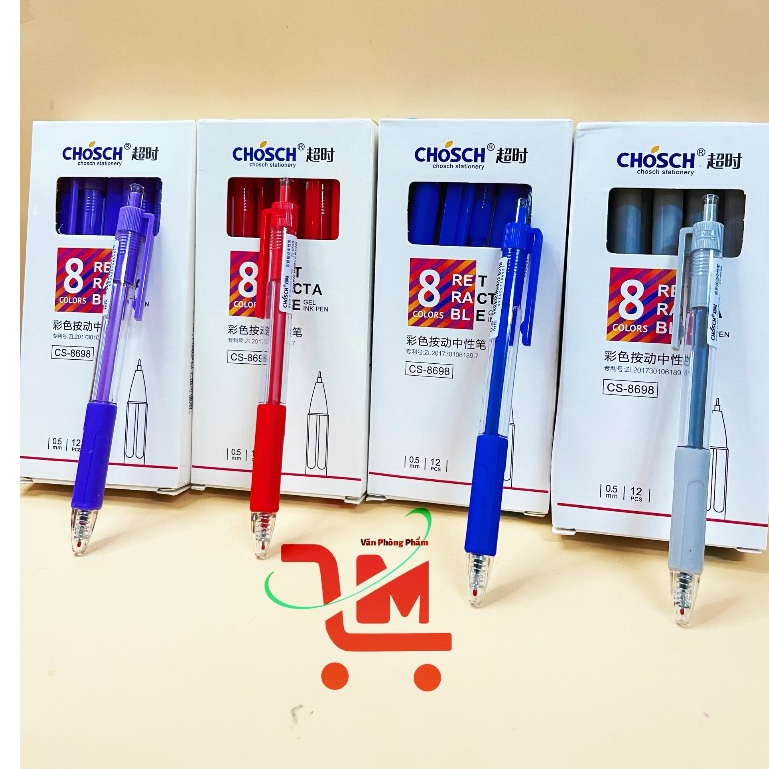 Hộp 12 Cây Bút Gel Nước Bấm CHOSCH 8698, Có Đệm Tay, Viết Êm Mượt, Màu Mực Đẹp, Ngòi 0.5mm,Chất Lượng Tốt