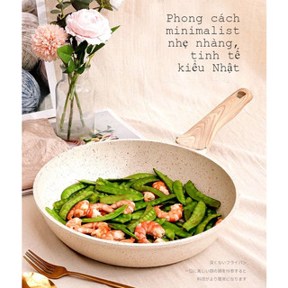 Chảo Chống Dính Vân Đá SHODWE, Đủ Size, Dùng Cho Mọi Loại Bếp Màu Trắng Kem Tay Cầm Gỗ