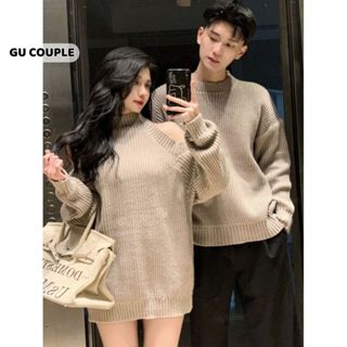 Set đồ đôi nam nữ mùa đông áo len nam váy nữ khoét vai màu nâu nhạt thời trang HAPPYLOVE G127