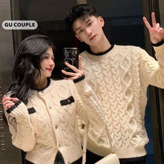 Áo cặp nam nữ áo màu trắng kem phối viền đen chất len thừng dày đặn cho cặp đôi HAPPYLOVE G144