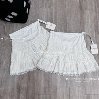 (TRINH MIT) Chân Váy Bầu Ren Trắng Dáng Ngắn Xếp Ly Có Chun Chỉnh Eo