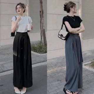 Quần ống rộng nữ cạp cao thắt nơ ly lệch (chất liệu vải gold hàn loại 1) chiều dài 102cm