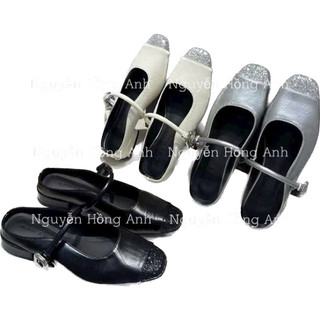Giày sục da mũi tròn nhũ quai ngang hở gót cho nữ s225