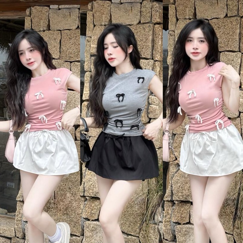 Set Bộ Áo Thun Babytee Tay Ngắn Raplang Đính Nơ Nổi Croptop + Chân Váy A Xoè Có Lót Quần | BigBuy360 - bigbuy360.vn