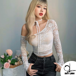 Áo lưới nữ dài tay lệch vai DuyLinh áo kiểu nữ ren hoa phối dây cột cổ cực xinh chất vải mềm DL12TD