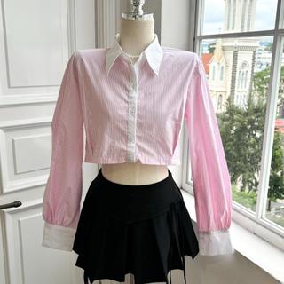 Áo sơ mi dáng ngắn croptop dài tay nữ sọc xanh hồng GLORIOUS dáng lửng tay dài Hàn Quốc chất liệu cotton mềm mịn