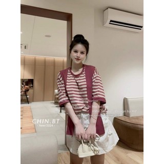 Set áo kẻ sọc kèm khăn mix chân váy nơ hàng cao cấp