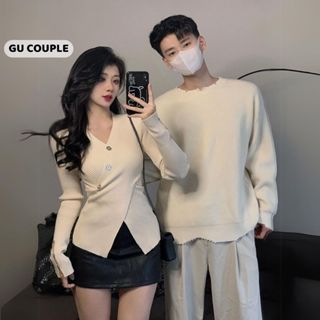 Áo len đôi nam nữ dài tay màu be kem dáng ôm trơn basic thời trang cho cặp đôi HAPPYLOVE G150