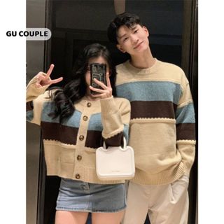 Áo cặp nam nữ đồ đôi áo len nam nữ cổ tròn màu be kem kẻ sọc thời trang HAPPYLOVE G155