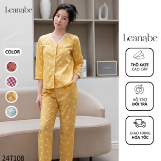 Bộ Ngủ Pyjama Vải Thô Kate Dáng Áo Tay Lỡ Quần Dài, Bộ Mặc Nhà Thoáng Mát Thấm Hút Mồ Hôi Leanabe Homewear 24T10