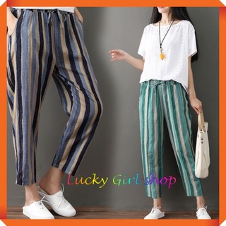[SIÊU PHẨM MÙA HÈ] Quần Dài Nữ Vải Đũi Linen Mỏng Sọc Đứng Lưng Thun Có Dây Rút Hàn Quốc - Lucky Girl shop NHA TRANG
