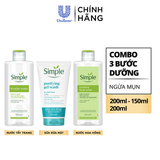  Combo 3 bước dưỡng Simple Nước tẩy trang 200ml + Sữa rửa mặt 150ml + Nước hoa hồng 200ml cho da dầu mụn 