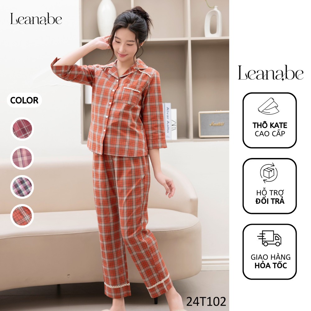 Bộ Ngủ Chất Thô Kate Hàn Cao Cấp Áo tay lỡ Quần dài Thoáng Mát Đồ Bộ Mặc Nhà Thiết Kế Pijama Leanabe Homewear 24T10