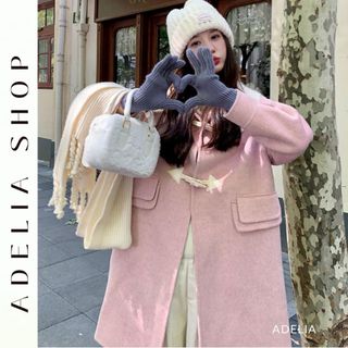 「adelia」áo khoác dạ cổ bẻ phối khuy sừng dáng lửng 2 màu hồng đen chất dạ ép lông cừu td334