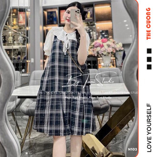 Đầm váy bầu công sở cổ sen trắng kẻ caro điệu đà v892 - váy bầu thiết kế chất mềm đẹp thoáng mát freesize