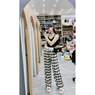Quần Kẻ karo ống rộng lưng chun cạp  Cao dài 100cm cho nữ  _ Quần Ống Rộng nữ Phối Cạp Trắng thời trang _Chất Thô Linen