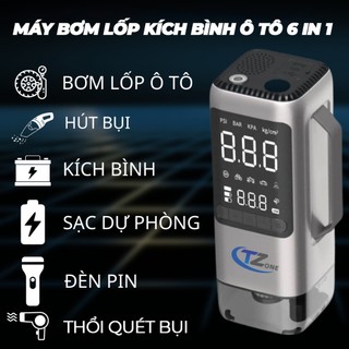 Kích bình - bơm lốp ô tô tzone 6 trong 1 pin 12500mah tích hợp hút bụi, đèn, sạc dự phòng, thổi bụi