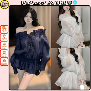 Váy tơ trễ vai thắt dây cổ, bo chun eo (kèm quần bảo hộ rời ), Áo tơ bèo tay dài phong cách tiểu thư  A025 KAZYDRESS
