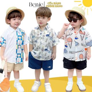 Set sơ mi ngắn tay cho bé trai họa tiết tổng hợp áo sơ mi quần short sành điệu 1 đến 7 tuổi BERNIE