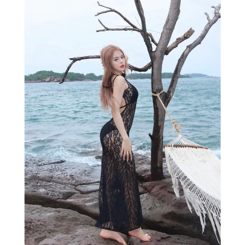 Váy ren nữ dài ôm body 2 dây 1 lớp hở lưng xuyên thấu sang chảnh, Váy ren đi biển sexy (KHÔNG KÈM BIKINI) - Mã M06 | BigBuy360 - bigbuy360.vn