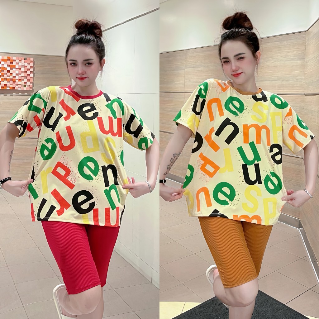 SET QUẦN NGỐ THUN GÂN, ÁO THUN COTTON IN CHỮ DÁNG THỂ THAO MẶC NHÀ - 7955