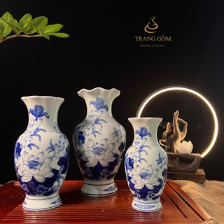 Lọ cắm hoa ban thờ men lam, Bình men lam miệng lượn vẽ hoa sen cao cấp