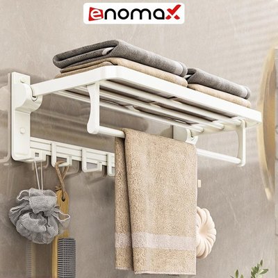 Kệ dán tường nhà tắm Enomax có thanh treo khăn, kèm móc quần áo đa năng. Chất liệu Nhôm hàng không (Eno 0134)