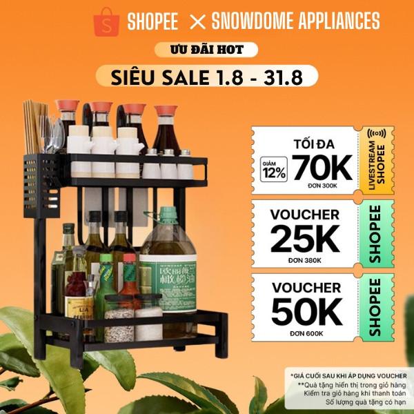 Kệ gia vị 2 tầng Kệ đựng chai lọ gia vị nhà bếp bằng thép carbon vắt dao thớt tiện dụng chắc chắn