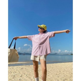 Áo sơ mi kẻ caro cộc tay dáng rộng ulzzang in chữ nhỏ siêu xinh