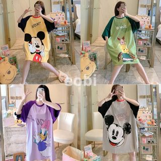 Váy ngủ nữ cộc tay dễ thương dáng suông bigsize chất cotton mềm mát họa tiết hoạt hình